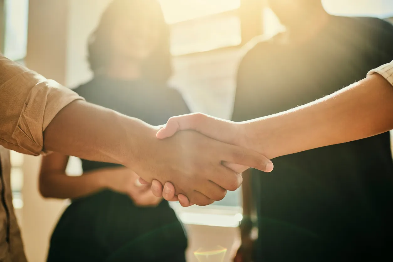 Two people shaking hands in sunlight, symbolizing successful business learning and collaboration